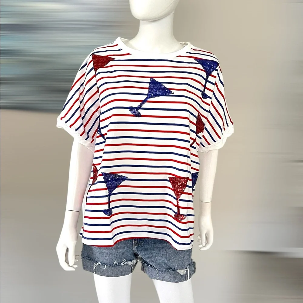 FANTASTIC FAWN patriotic striped sequin oversized tee S M L - Picture 5 of 8